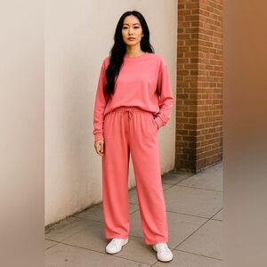 Pink Top And Sweatpants Set Women Size Medium Long Sleeves High Waisted Wide Leg